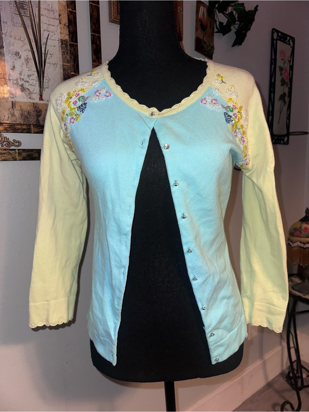 Vintage Y2K Charlotte Tarantola Blue Yellow Embellished Beaded Floral Cardigan M